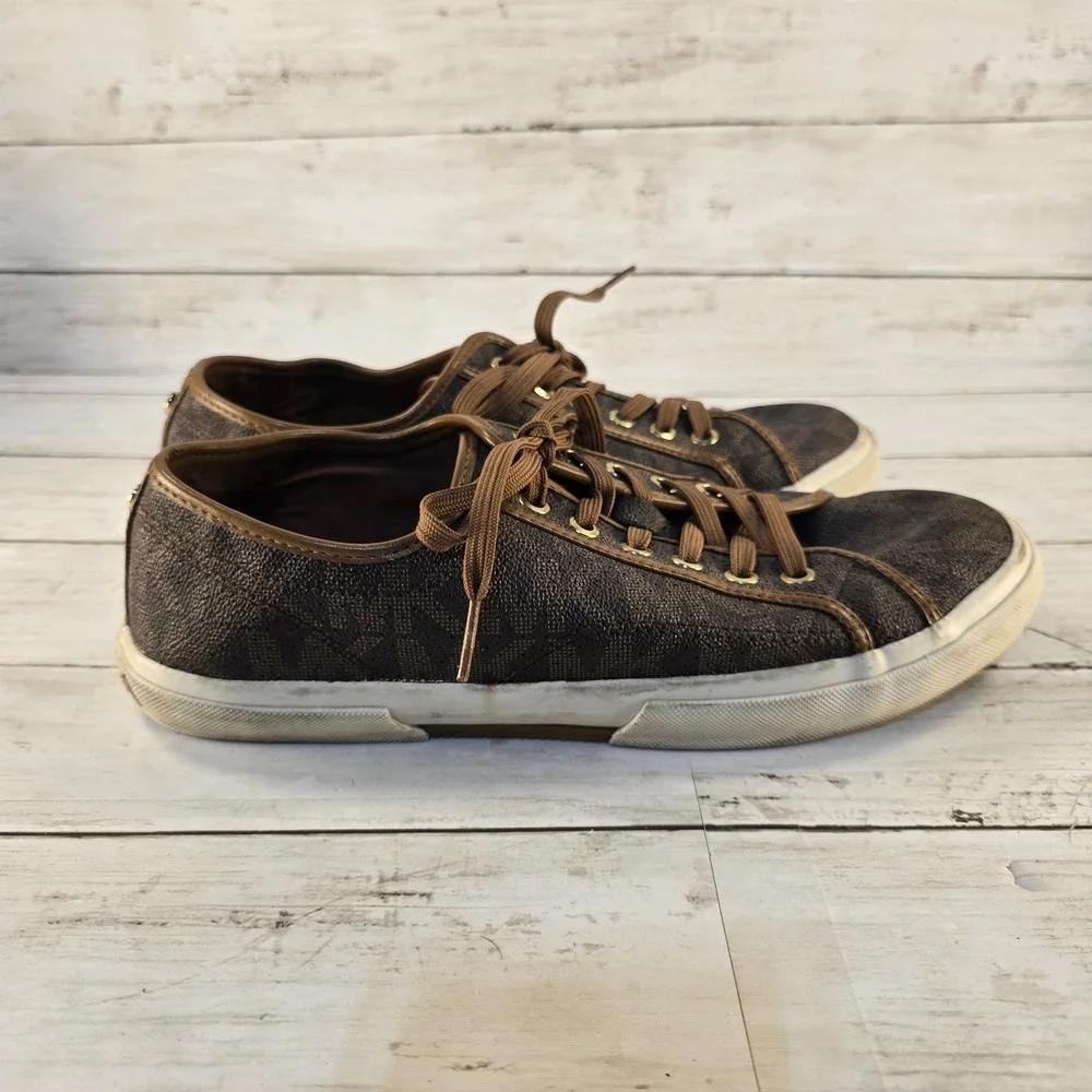 Michael Kors Brown Signature Logo Print Low Top Sneakers Shoes Womens Size‎ 8